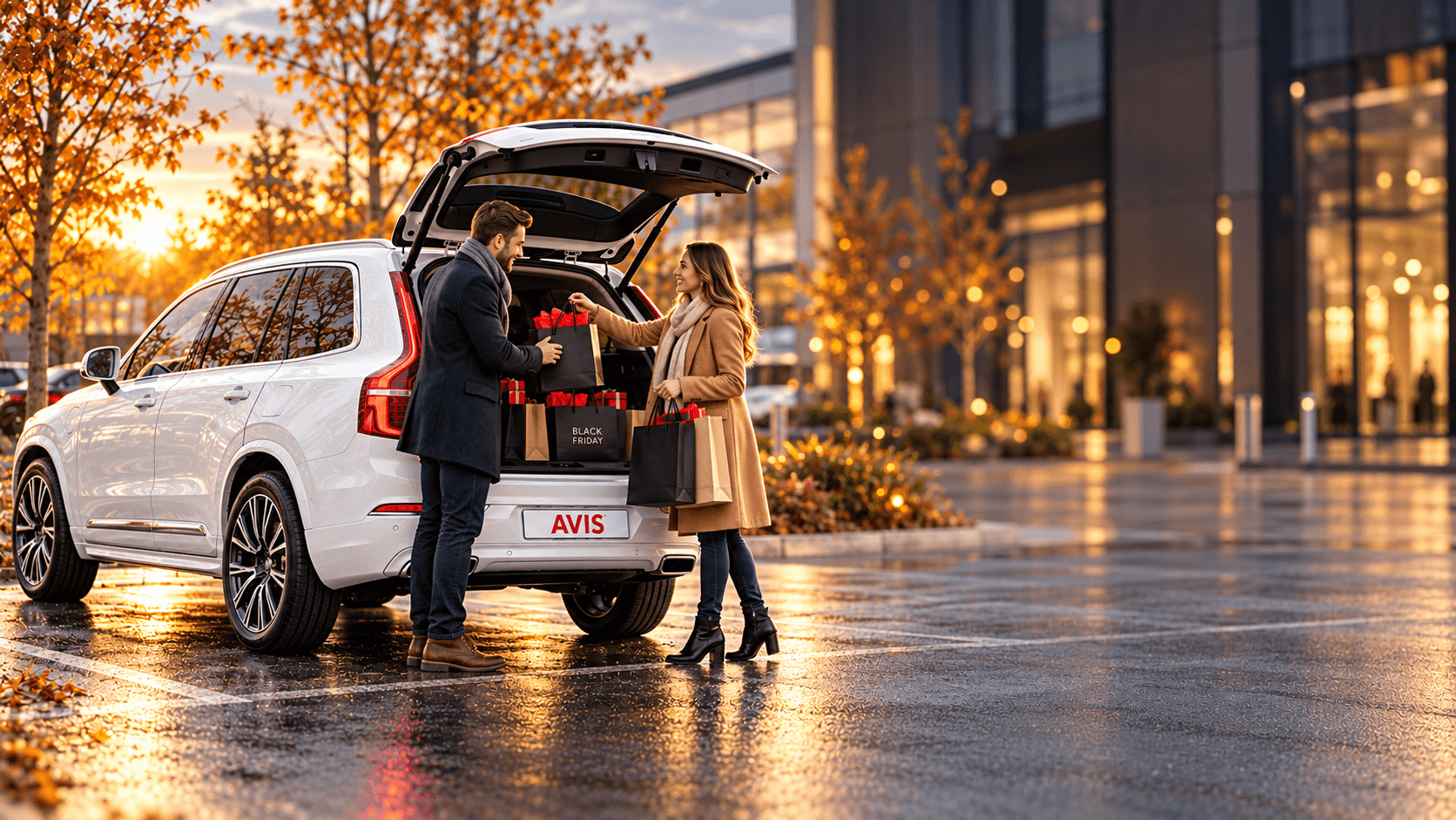Black Friday nákupy s Volvom XC90 od AVIS – pár vkladá nákupné tašky do kufra