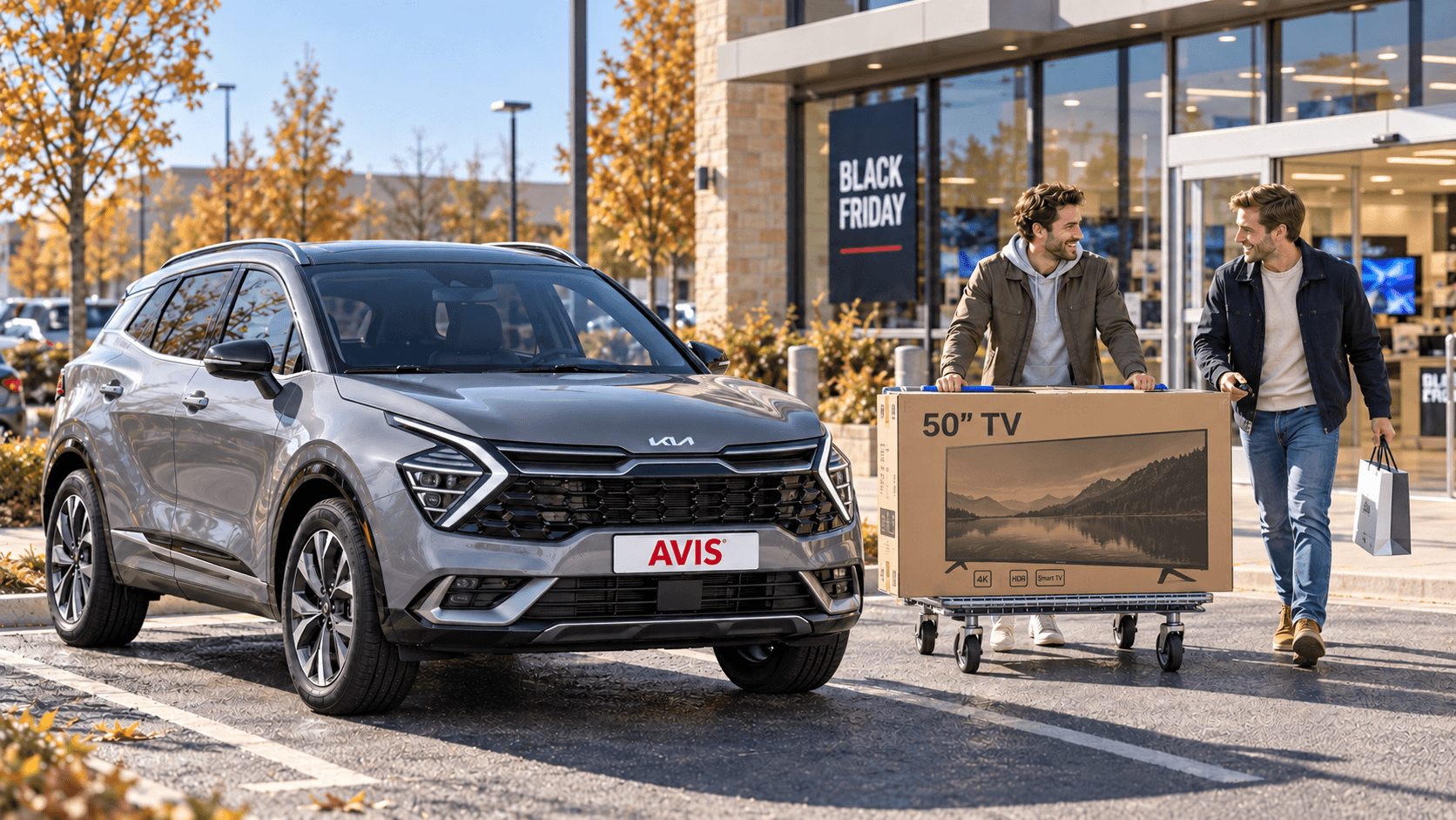 Dvaja kamaráti prichádzajú s novým televízorom ku Kia Sportage od AVIS